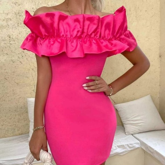 Pink Statement Ruffle Detail of the shoulder Bodycon Mini Dress - Picture 2 of 11